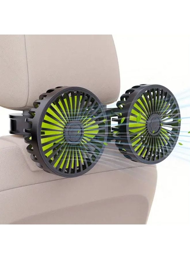 Dual Head USB Car Cooling Fan For Backseat 360 Degree Rotatable 3 Speeds Black - Image 1
